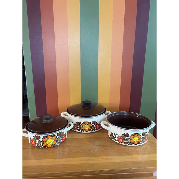 70s flower power enamel pot with handles set of 3 lidded brown - Picture 1 of 10
